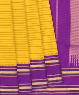 Yellow Handloom Kanchipuram Korvai Silk Saree With Stripes & Purple Temple Border
