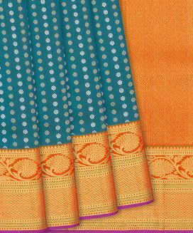 Cyan Handloom Kanchipuram Silk Saree With Kamalam Motifs