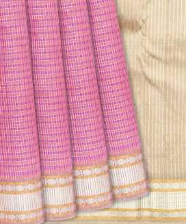 Bubble-gum Pink Handloom Kanchipuram Silk Saree With Zari Checks
