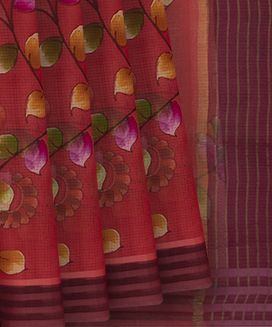 Red Woven Kota Silk Saree With Hand Painted Floral Motifs
