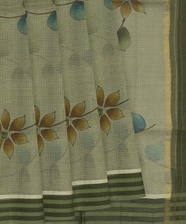 Sage Green Woven Kota Silk Saree With Hand Painted Floral Motifs
