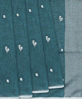 Sea Green Handloom Linen Saree With Embroidered Floral Motifs & Stripped Pallu
