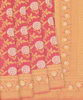 Peach Woven Blended Dupion Saree With Floral Vine Motifs

