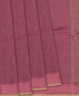 Chestnut Pink Handloom Linen Saree With Plain Body & Stripped Pallu

