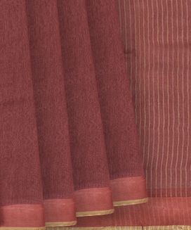 Dusty Pink Handloom Linen Saree With Plain Body & Stripped Pallu
