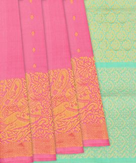 Baby Pink Handloom Soft Silk Saree With Floral Zari Buttas