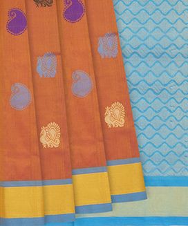 Light Peach Handloom Silk Cotton Saree With Temple Motifs In Orange Border

