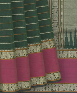 Bottle Green Handloom Kanchi Cotton Saree With Stripes & Ganga Jamuna Border
