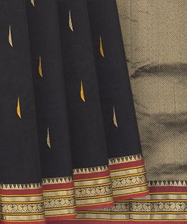 Black Handloom Kanchi Cotton Saree With Jasmine Bud Motifs
