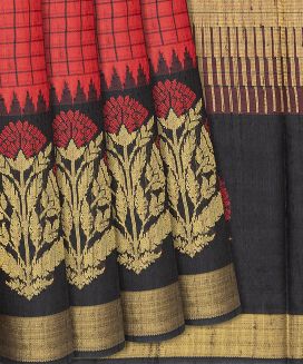 Red Handwoven Tussar Silk Saree With Checks
