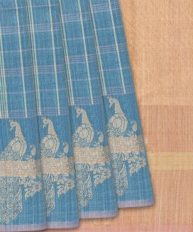 Steel Blue Handloom Kanchipuram Silk Saree With Checks & Butta
