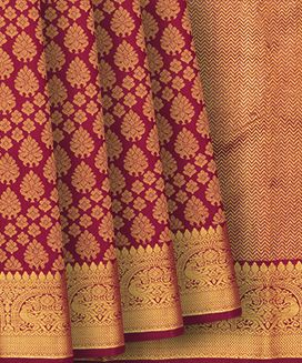 Crimson Handloom Kanchipuram Silk Saree With Floral Zari Motifs & Zari Border