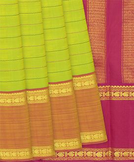 Green Handloom Kanchipuram Silk Saree With Beldari Stripes & Mango Motifs In Border
