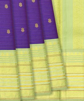 Purple Handloom Kanchipuram Korvai Vairaoosi Silk Saree With Zari Butta & Cardamom Green Border
