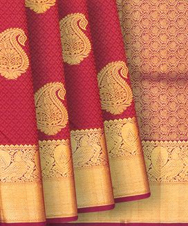 Crimson Handloom Kanchipuram Silk Saree With Mango Zari Buttas & Floral Motifs
