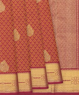 Crimson Handloom Kanchipuram Silk Saree With Floral Motifs & Zari Border