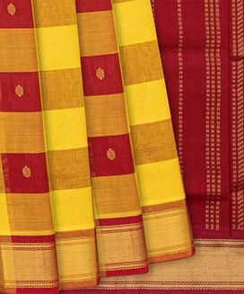 Crimson & Yellow  Handloom Silk Cotton Saree With Checks & Butta