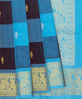Cyan Handloom Silk Cotton Saree With Checks & Buttas