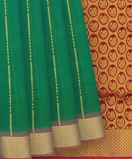 Green Handloom Silk Cotton Saree With Stripes & Red Pallu
