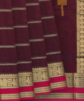 Maroon Handloom Silk Cotton Saree With Beldari Stripes & Annam Motifs In Border
