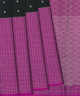 Black Handloom Soft Silk Saree With Coin Motifs & Checked Magenta Border
