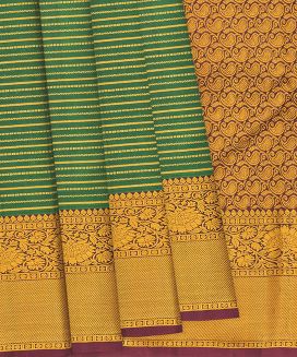 Bottle Green Handloom Kanchipuram Korvai Silk Saree With Zari Stripes