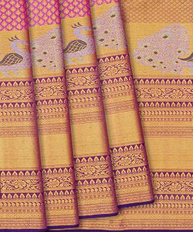 Bubble Gum Pink Handloom Kanchipuram Silk Saree With Floral Motifs