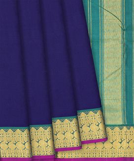 Blue Handloom Kanchipuram Silk Saree With Cyan Border