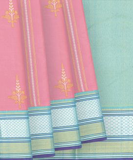 Baby Pink Handloom Kanchipuram Korvai Silk Saree With Floral Butta & Turquoise Border