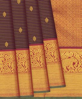 Maroon Handloom Kanchipuram Silk Saree With Stripes & Elephant Motifs In Border