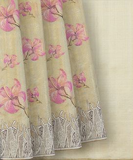 Cream Handloom Kanchipuram Tissue Silk Saree With Floral Motifs