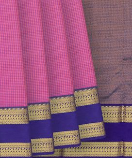 Bubblegum Pink Kanchipuram Silk Saree With Checks & Contrast Violet Border