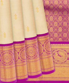 Cream Handloom Kanchipuram Korvai Silk Saree With Floral Buttas
