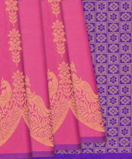 Bubblegum Pink Handloom Soft Silk Saree With Peacock Motifs