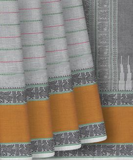 Grey Handloom Kanchi Cotton Saree With Beldari Stripes & Ganga Jamuna Border