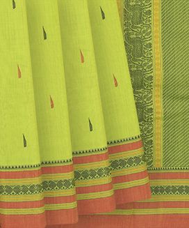 Neon Green Handloom Kanchi Cotton Saree With Jasmine Bud (malli moggu) Motifs