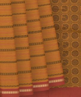 TUrmeric Yellow Handloom Kanchi Cotton Saree With Mango Motif Stripes