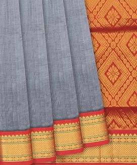 Grey Handloom Silk Cotton Saree With Contrast Red Border
