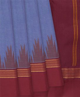 Grey Handloom Rasipuram Cotton Saree With Contrast Crimson Silk Border
