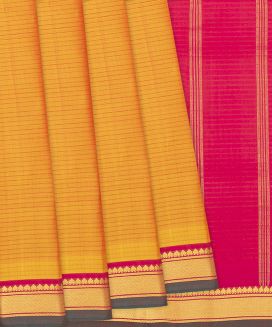Orange Handloom Kanchipuram Silk Saree With Stripes & Pink Border
