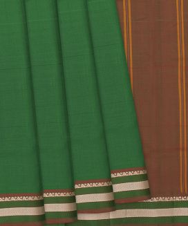 Dark Green Handloom Kanchipuram Silk Saree With Brown Pallu

