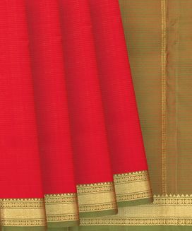 Red Handloom Kanchipuram Silk Saree With Checks & Green Pallu-Red