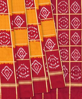 Mustard Handloom Pochampally Single Ikat Silk Saree With Checks
