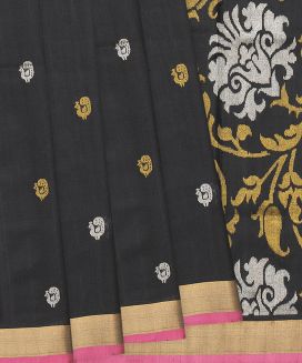 Black Handloom Uppada Silk Saree With Annam Motif Buttas
