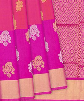 Pink & Peach Handloom Uppada Silk Saree With Floral Motifs
