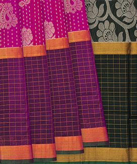 Hot Pink Handloom Uppada Silk Saree With Floral Motifs & Checks