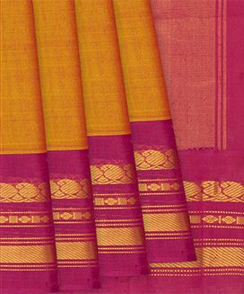 Turmeric Yellow Handloom Gadwal Cotton Saree With Mango Motifs
