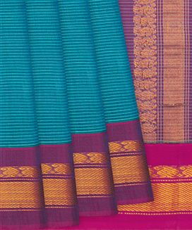 Cyan Handloom Gadwal Cotton Saree With Stripes 


