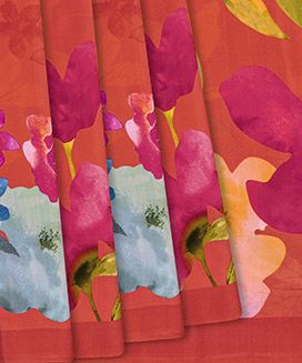 Orange Printed Crepe Silk Saree With Floral Prints