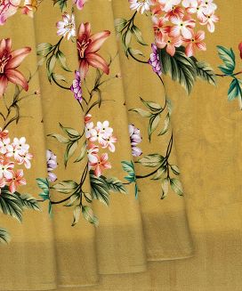 Sage Green Printed Crepe Silk Saree With Rose Floral Motifs Prints
